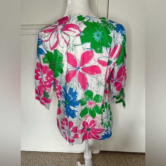 Talbots Pink and Green Graphic Blouse with Mandarin Collar size M - Picture 3 of 9